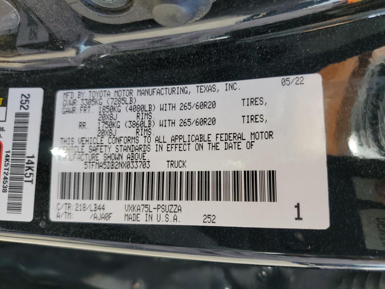 2022 TOYOTA TUNDRA CREWMAX PLATINUM VIN:5TFMA5DB2NX033703