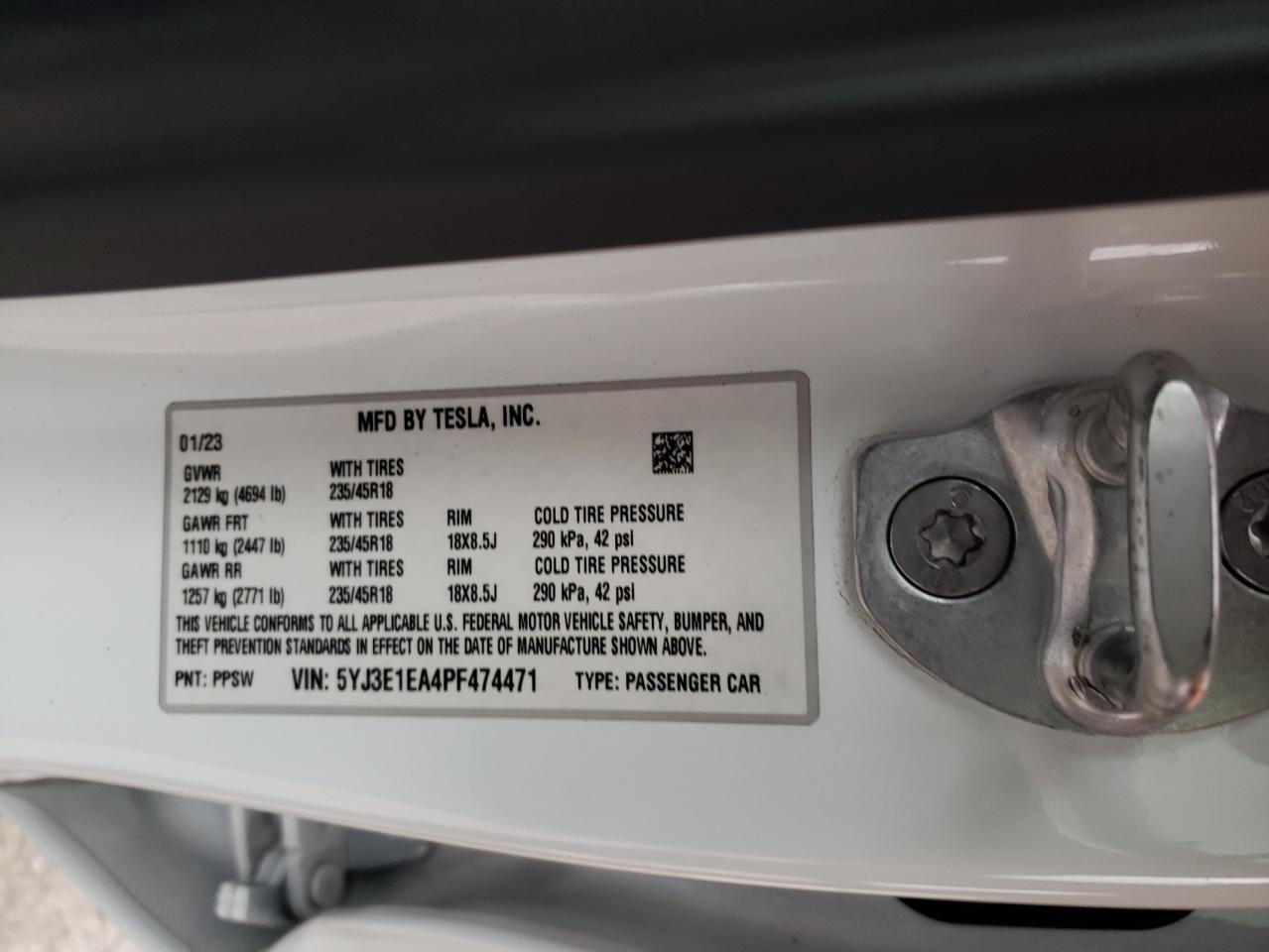 2023 TESLA MODEL 3 VIN:5YJ3E1EA4PF474471