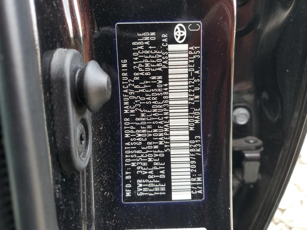 2022 TOYOTA COROLLA LE VIN:5YFEPMAE4NP368844