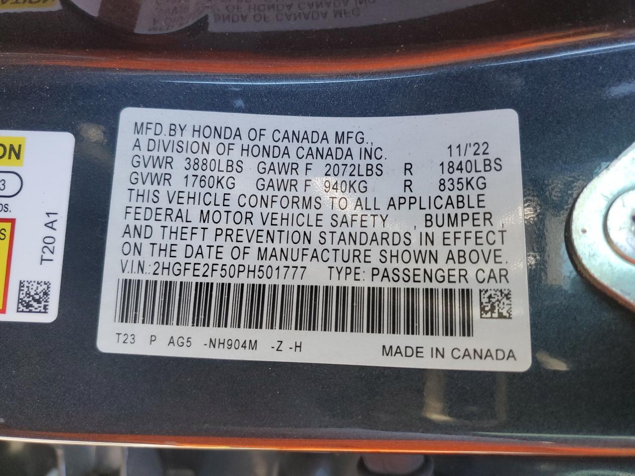 2023 HONDA CIVIC SPORT VIN:2HGFE2F50PH501777