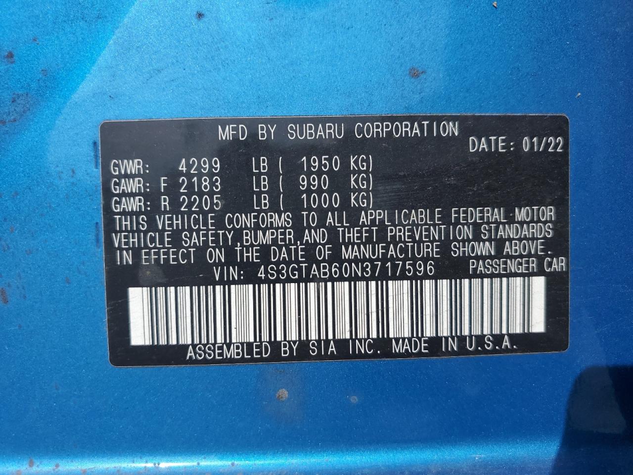 2022 SUBARU IMPREZA VIN:4S3GTAB60N3717596