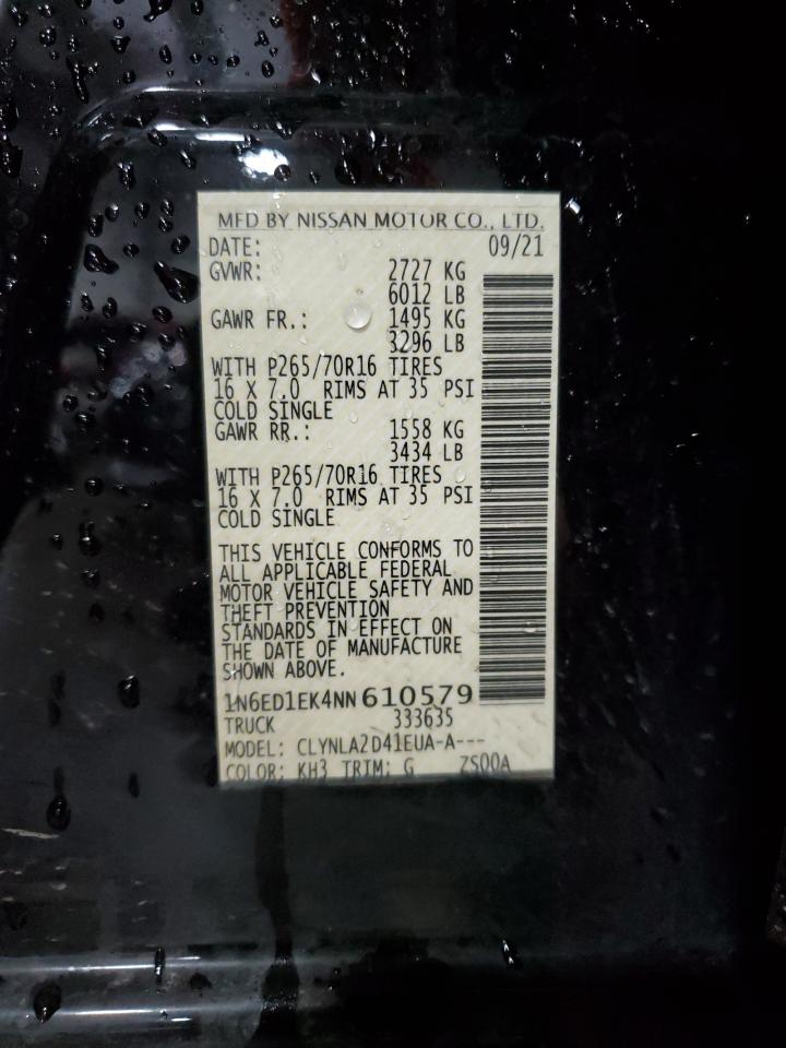 2022 NISSAN FRONTIER S VIN:1N6ED1EK4NN610579