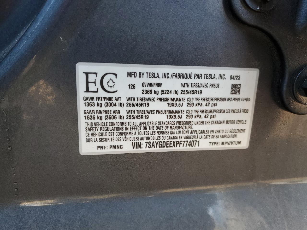 2023 TESLA MODEL Y VIN:7SAYGDEEXPF774071