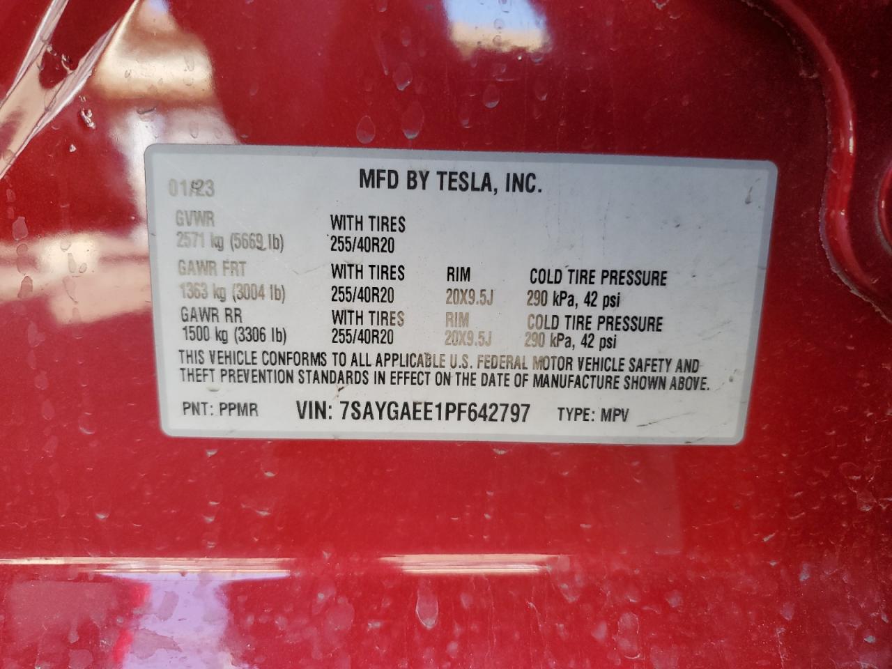 2023 TESLA MODEL Y VIN:7SAYGAEE1PF642797
