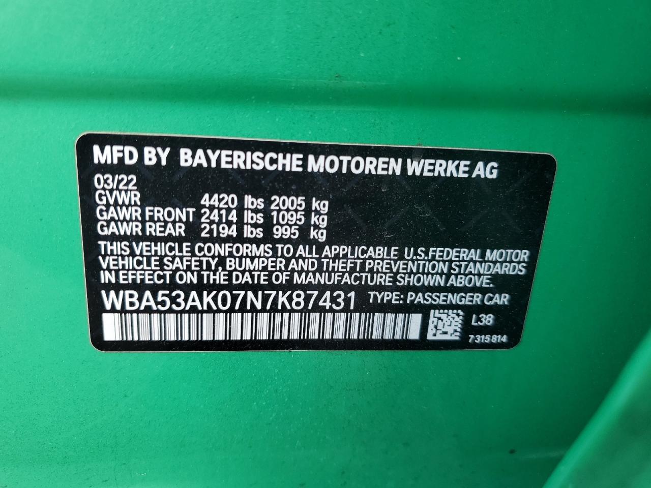 2022 BMW 228I VIN:WBA53AK07N7K87431