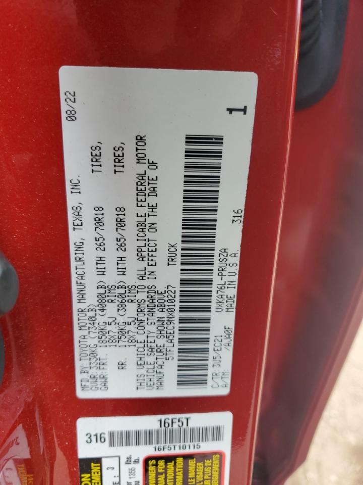 2022 TOYOTA TUNDRA CREWMAX SR5 VIN:5TFLA5EC9NX010227