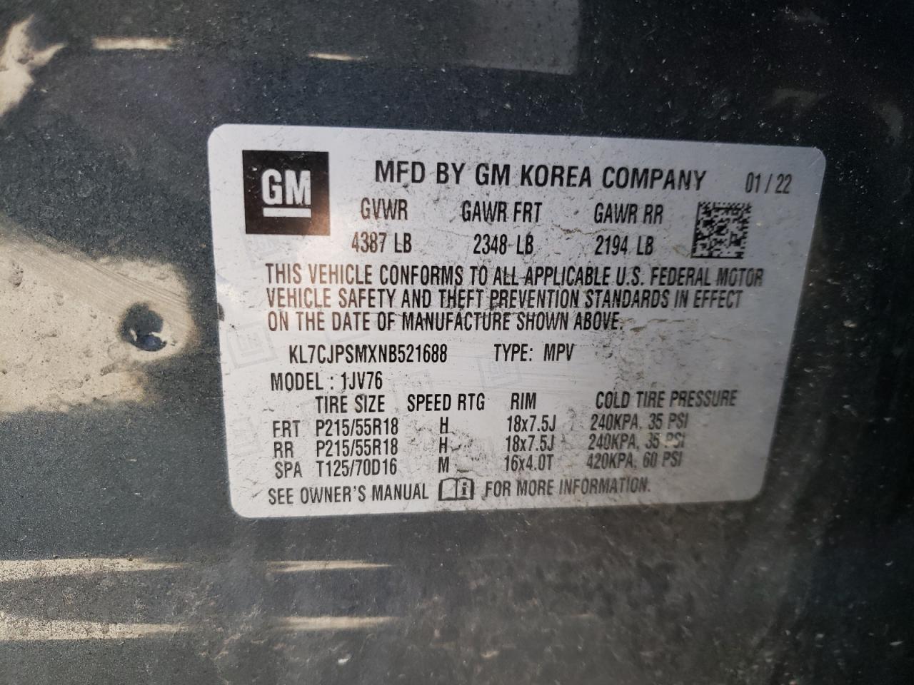 2022 CHEVROLET TRAX 1LT VIN:KL7CJPSMXNB521688