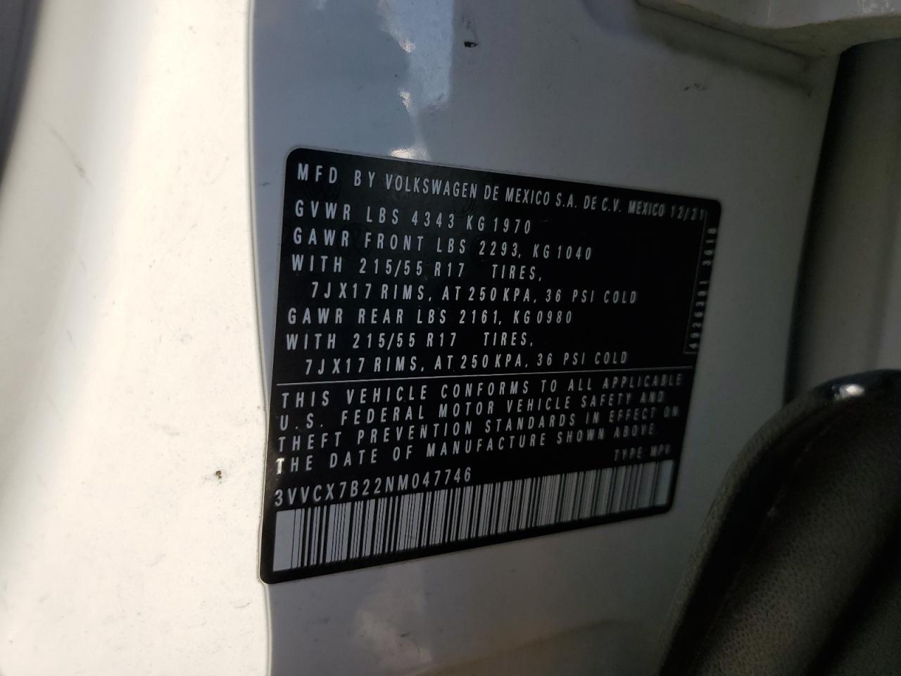 2022 VOLKSWAGEN TAOS S VIN:3VVCX7B22NM047746