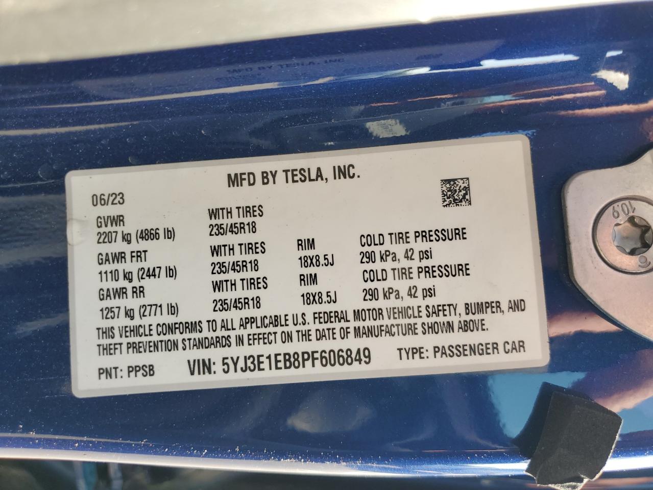 2023 TESLA MODEL 3 VIN:5YJ3E1EB8PF606849