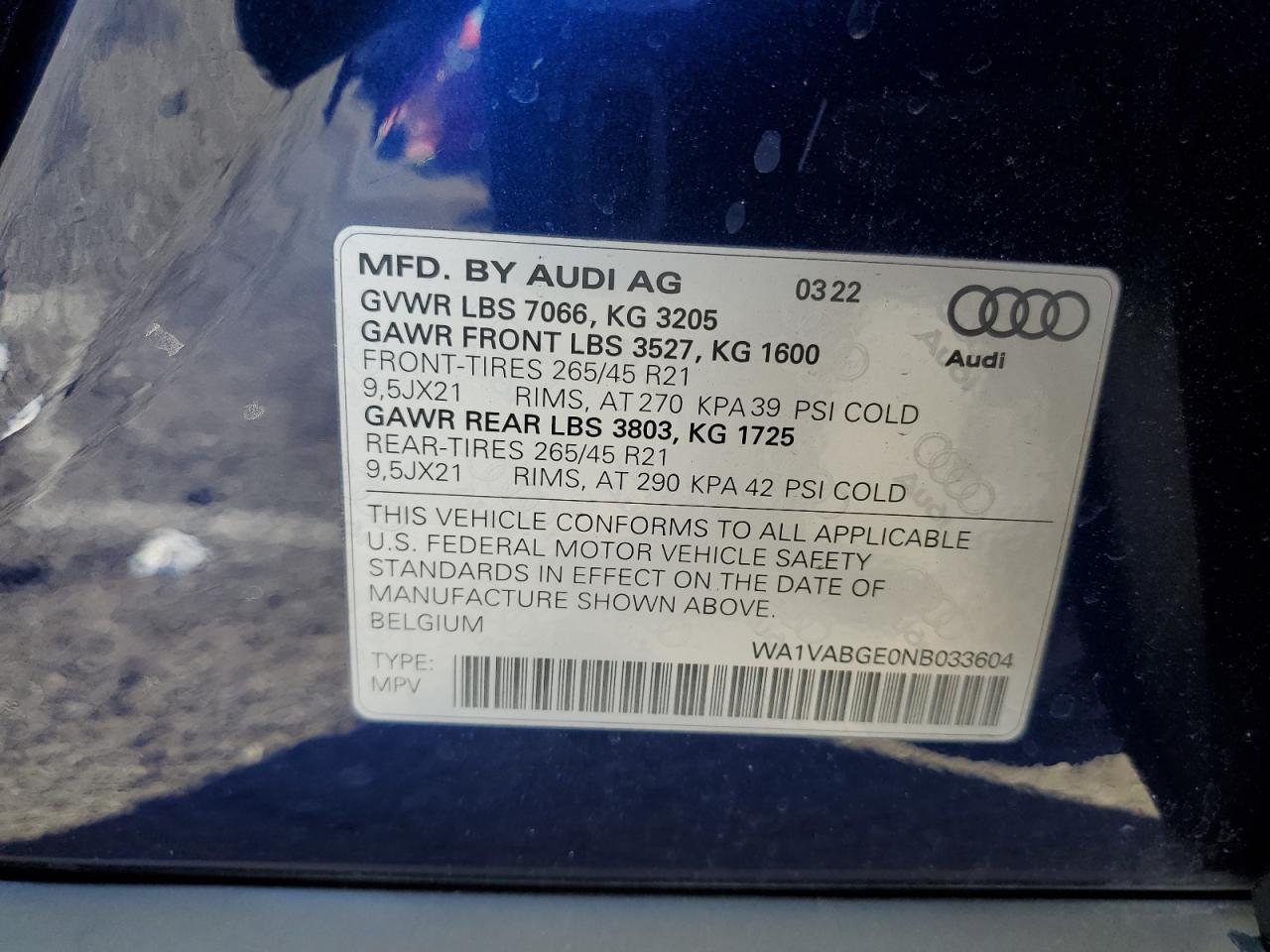 2022 AUDI E-TRON CHRONOS VIN:WA1VABGE0NB033604