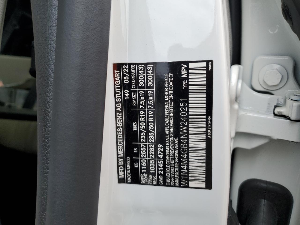 2022 MERCEDES-BENZ GLB 250 VIN:W1N4M4GB4NW240251