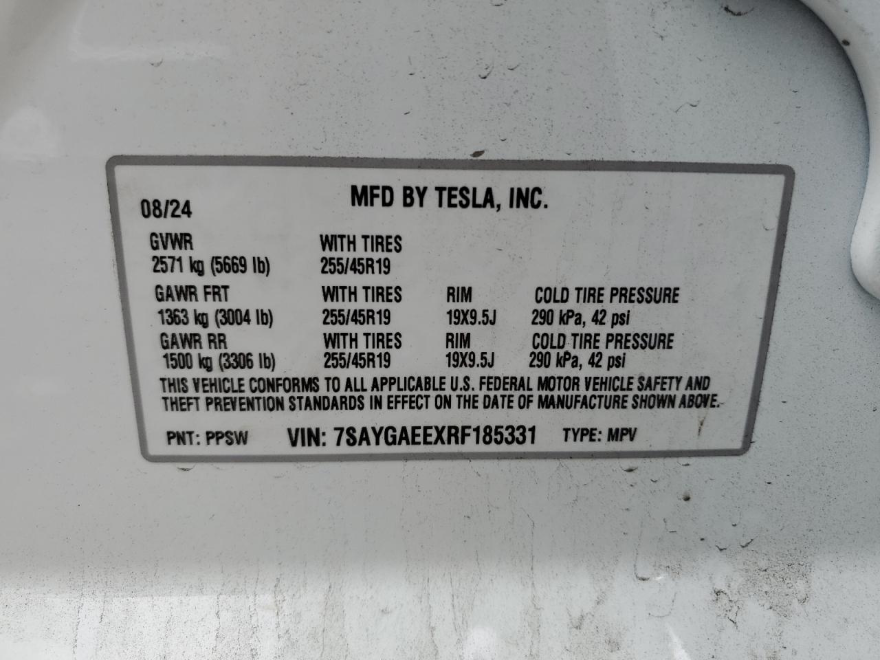 2024 TESLA MODEL Y VIN:7SAYGAEEXRF185331