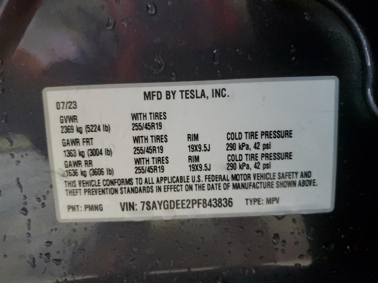 2023 TESLA MODEL Y VIN:7SAYGDEE2PF843836