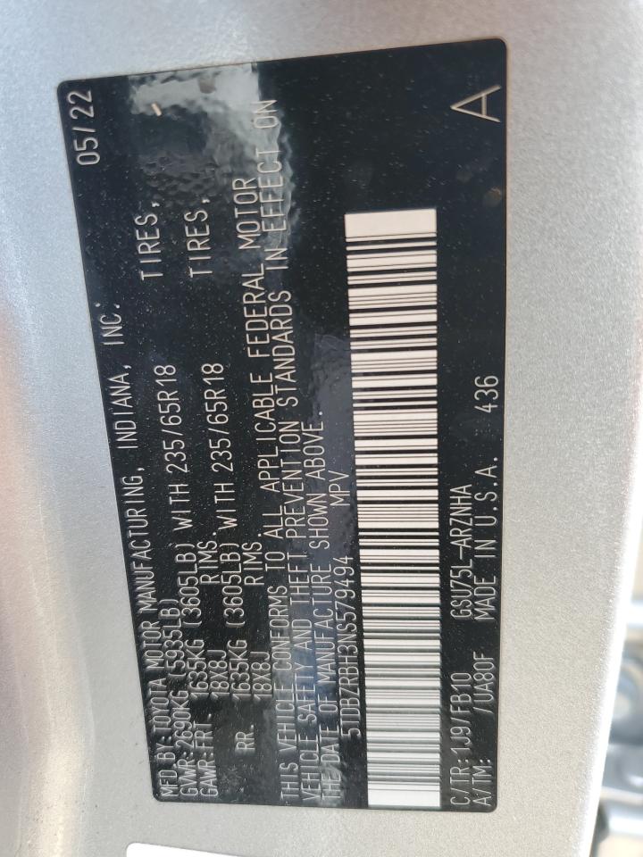 2022 TOYOTA HIGHLANDER L VIN:5TDBZRBH3NS579494