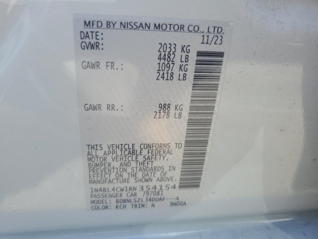 2024 NISSAN ALTIMA SR VIN:1N4BL4CW1RN354154