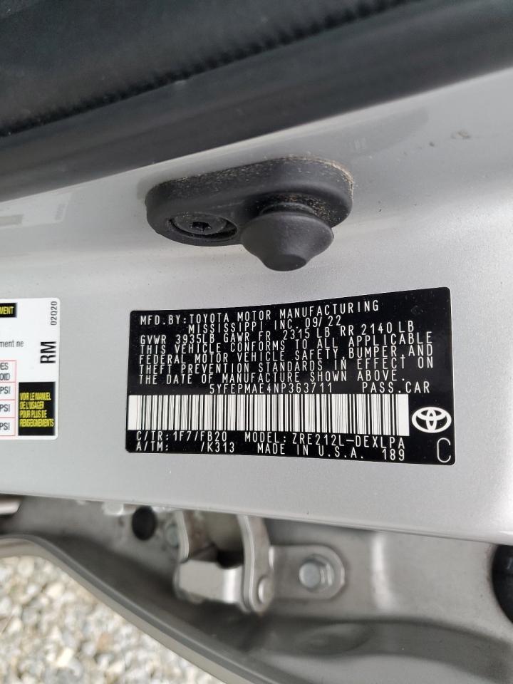 2022 TOYOTA COROLLA LE VIN:5YFEPMAE4NP363711