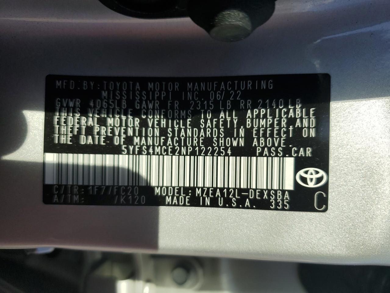 2022 TOYOTA COROLLA SE VIN:5YFS4MCE2NP122254