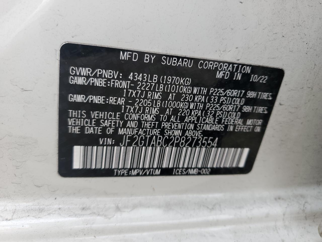 2023 SUBARU CROSSTREK VIN:JF2GTABC2P8273554