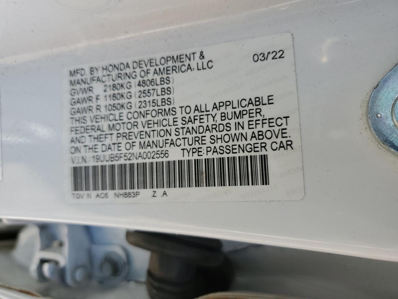 2022 ACURA TLX TECH A VIN:19UUB5F52NA002556