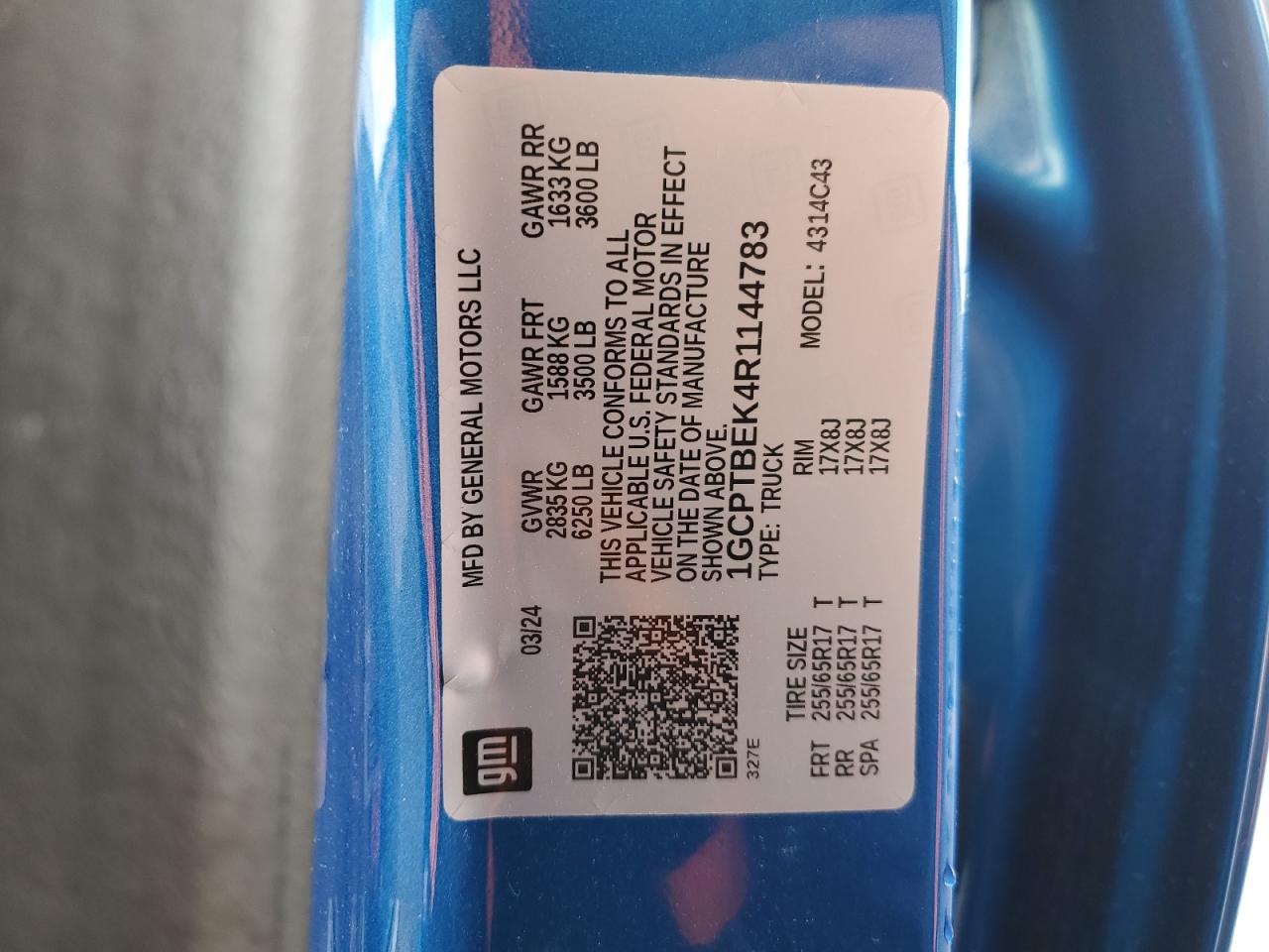 2024 CHEVROLET COLORADO VIN:1GCPTBEK4R1144783