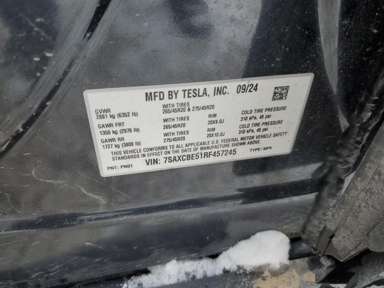 2024 TESLA MODEL X VIN:7SAXCBE51RF457245