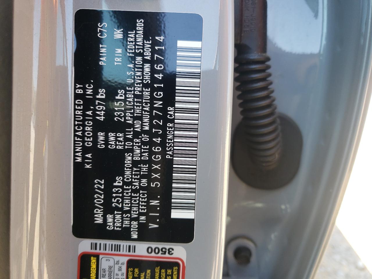 2022 KIA K5 GT LINE VIN:5XXG64J27NG146714