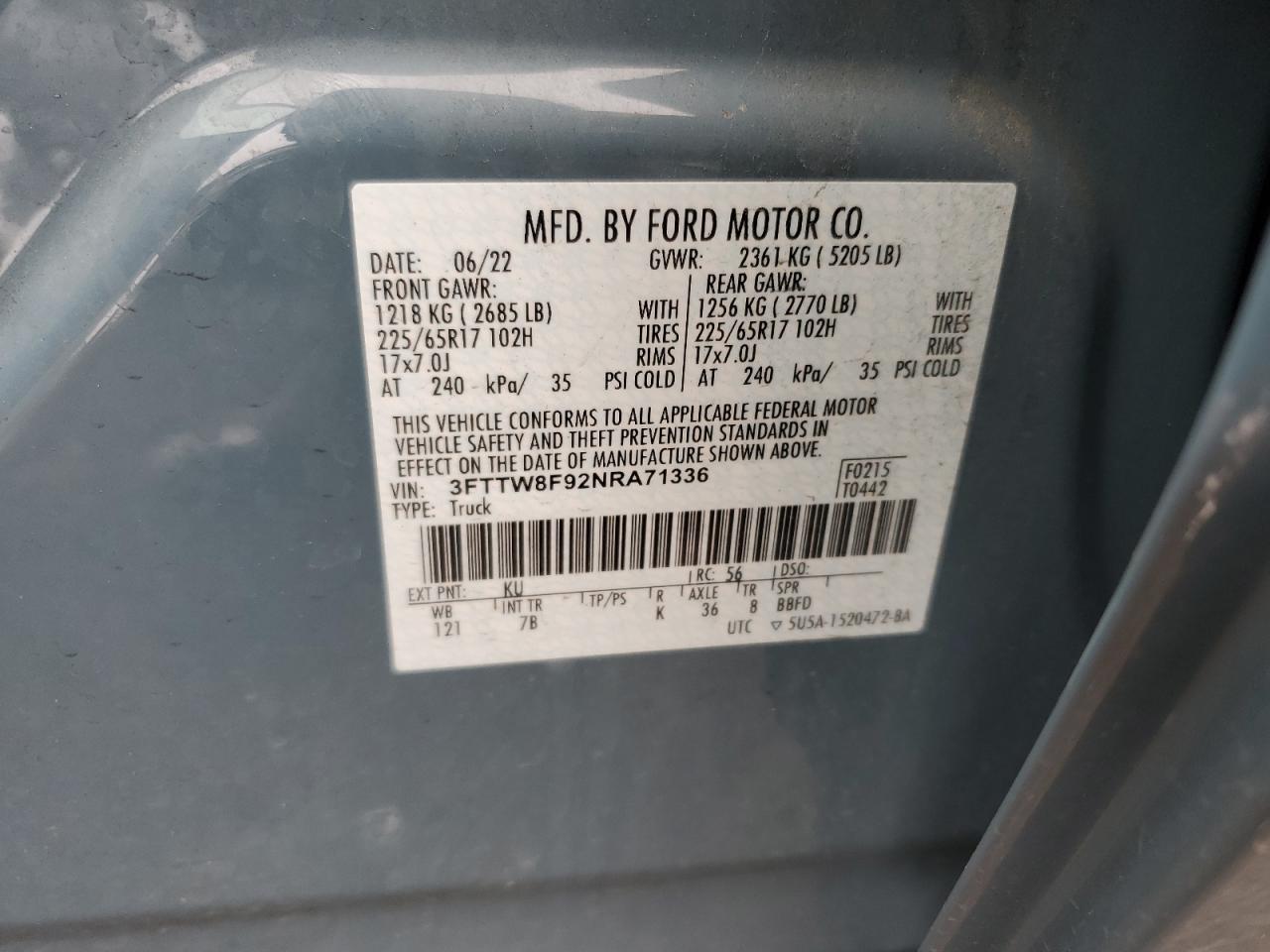 2022 FORD MAVERICK XL VIN:3FTTW8F92NRA71336
