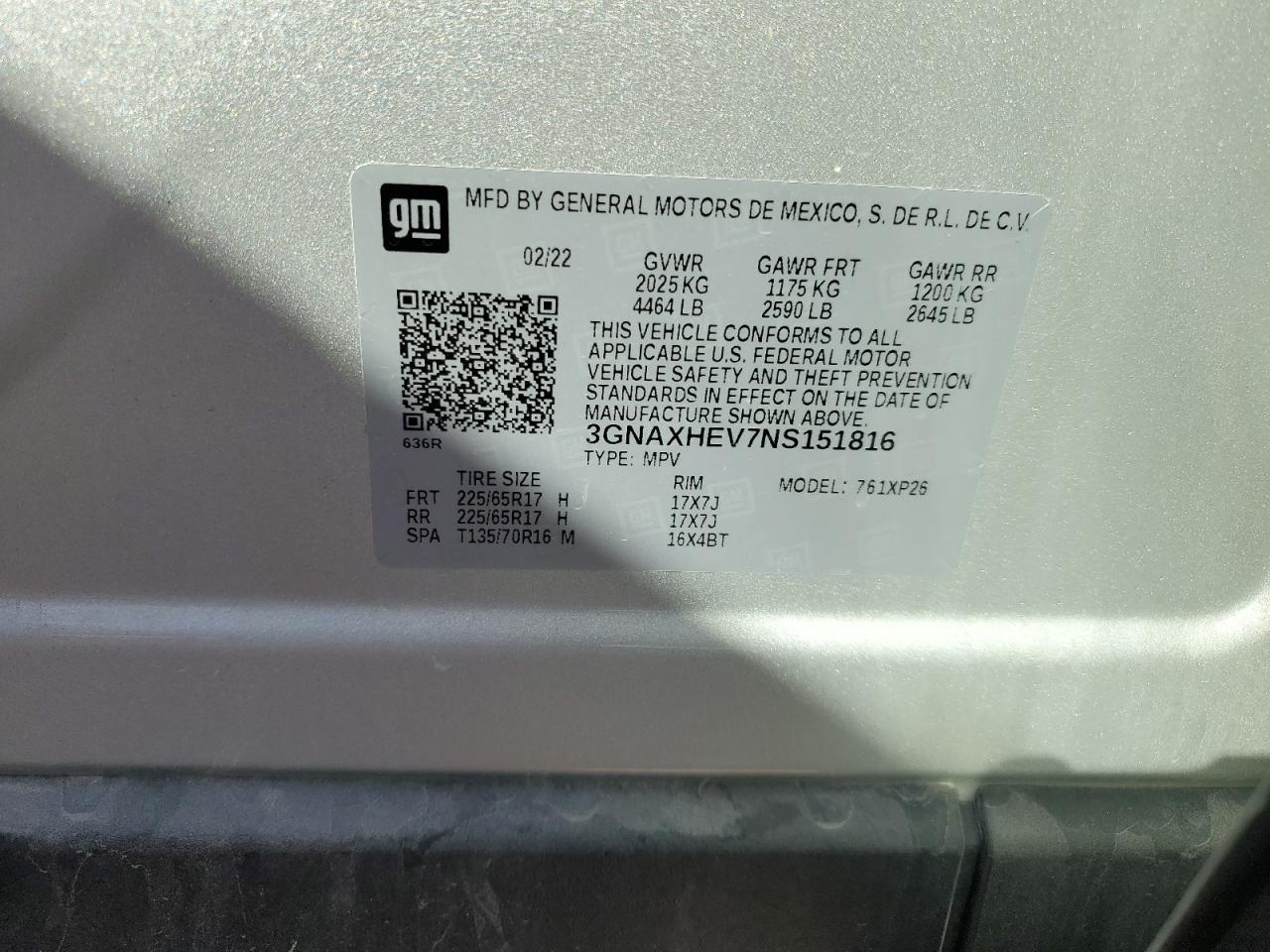 2022 CHEVROLET EQUINOX LS VIN:3GNAXHEV7NS151816