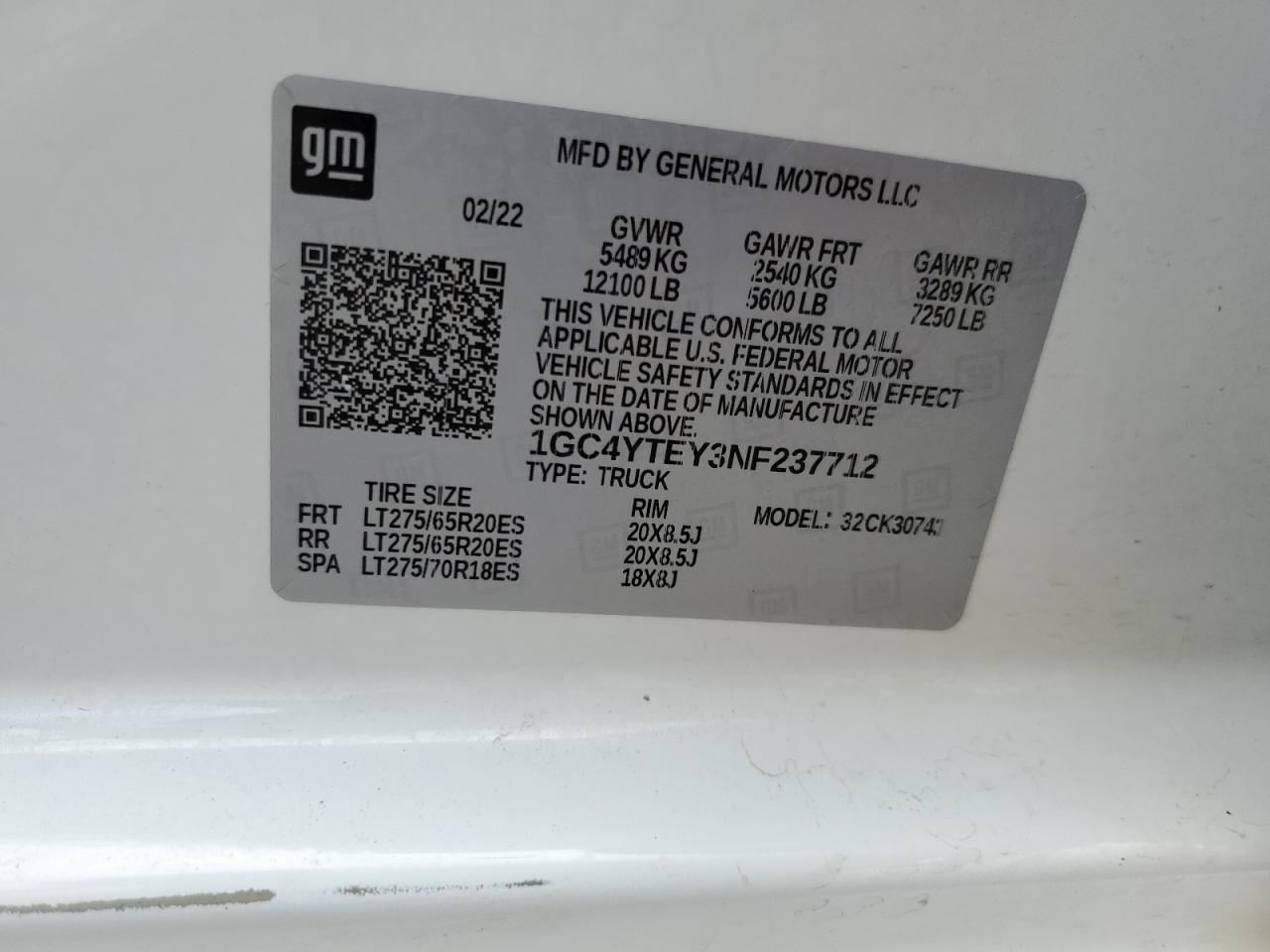 2022 CHEVROLET SILVERADO K3500 LT VIN:1GC4YTEY3NF237712