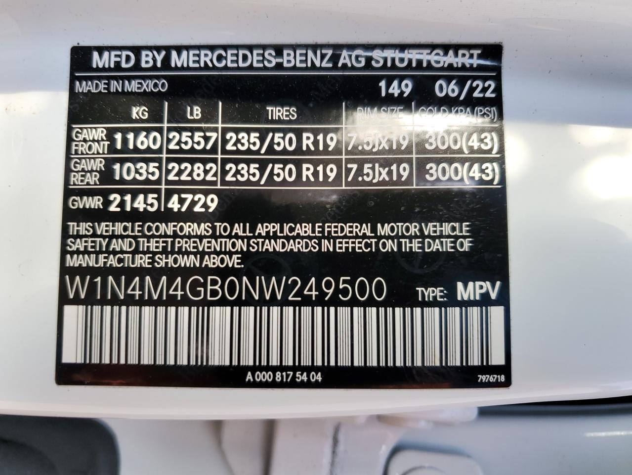 2022 MERCEDES-BENZ GLB 250 VIN:W1N4M4GB0NW249500