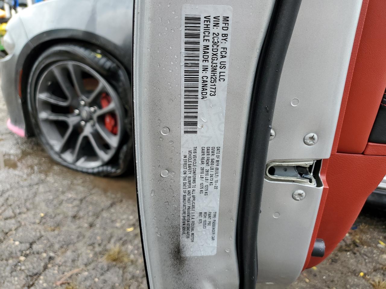 2022 DODGE CHARGER SCAT PACK VIN:2C3CDXGJ3NH251773