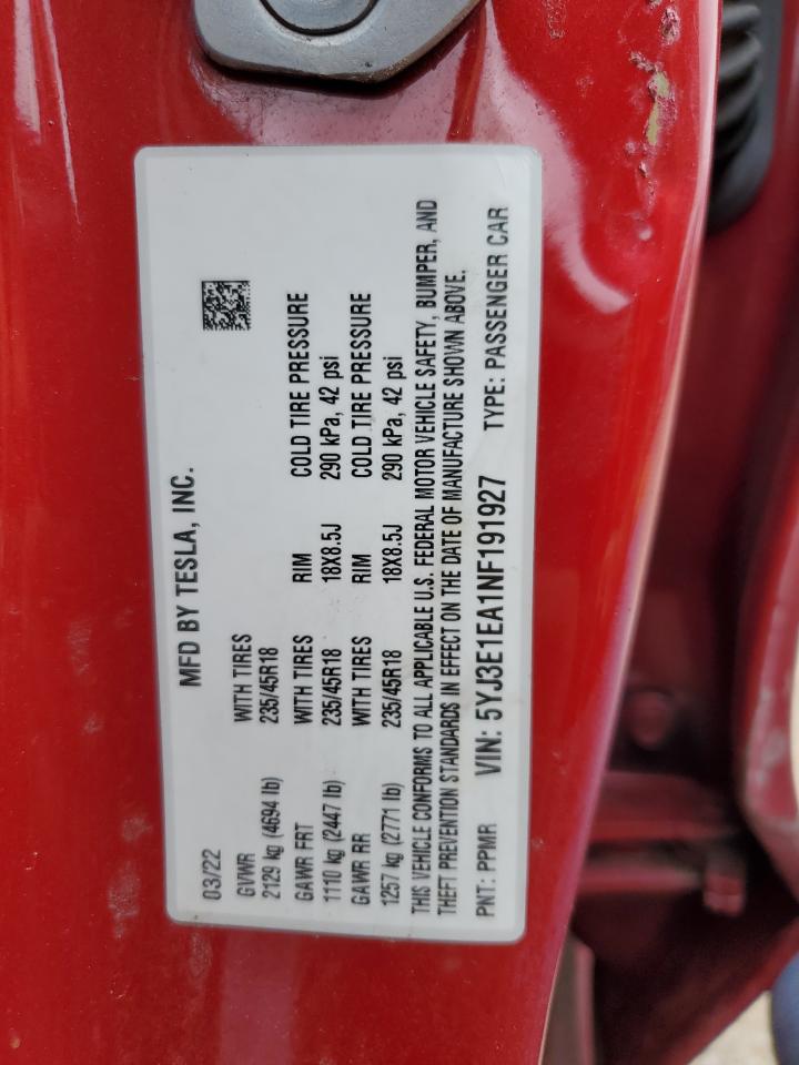 2022 TESLA MODEL 3 VIN:5YJ3E1EA1NF191927