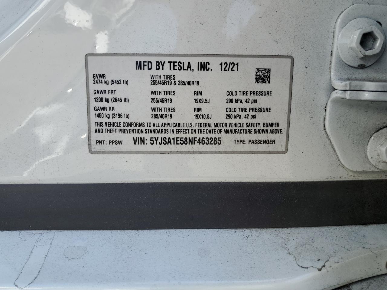 2022 TESLA MODEL S VIN:5YJSA1E58NF463285