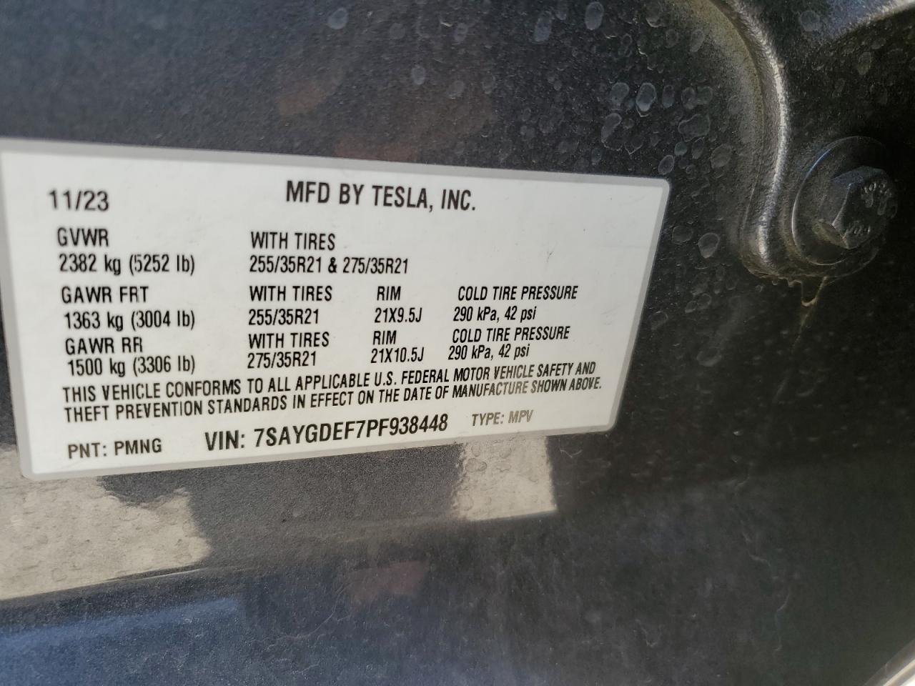2023 TESLA MODEL Y VIN:7SAYGDEF7PF938448