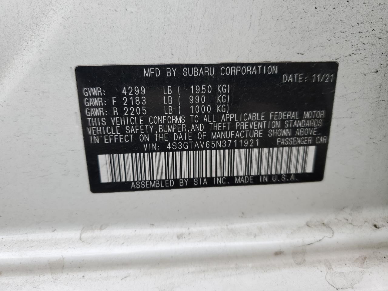 2022 SUBARU IMPREZA PREMIUM VIN:4S3GTAV65N3711921