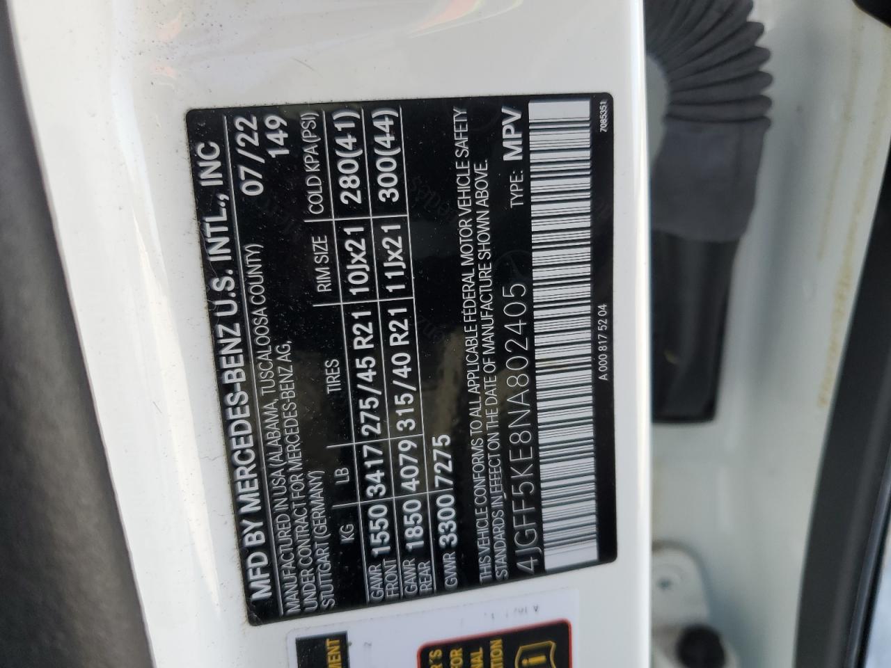 2022 MERCEDES-BENZ GLS 450 4MATIC VIN:4JGFF5KE8NA802405