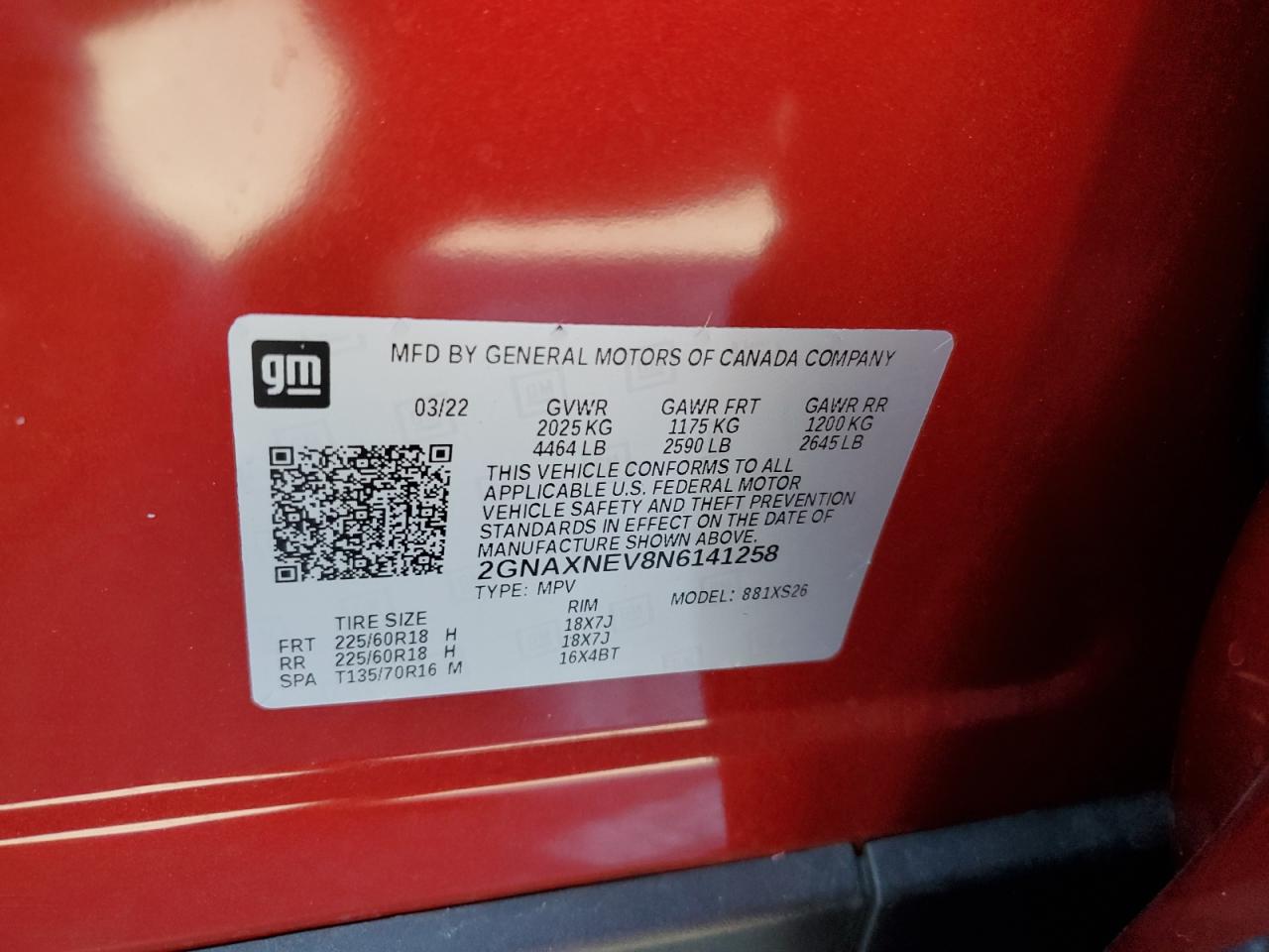 2022 CHEVROLET EQUINOX PREMIER VIN:2GNAXNEV8N6141258