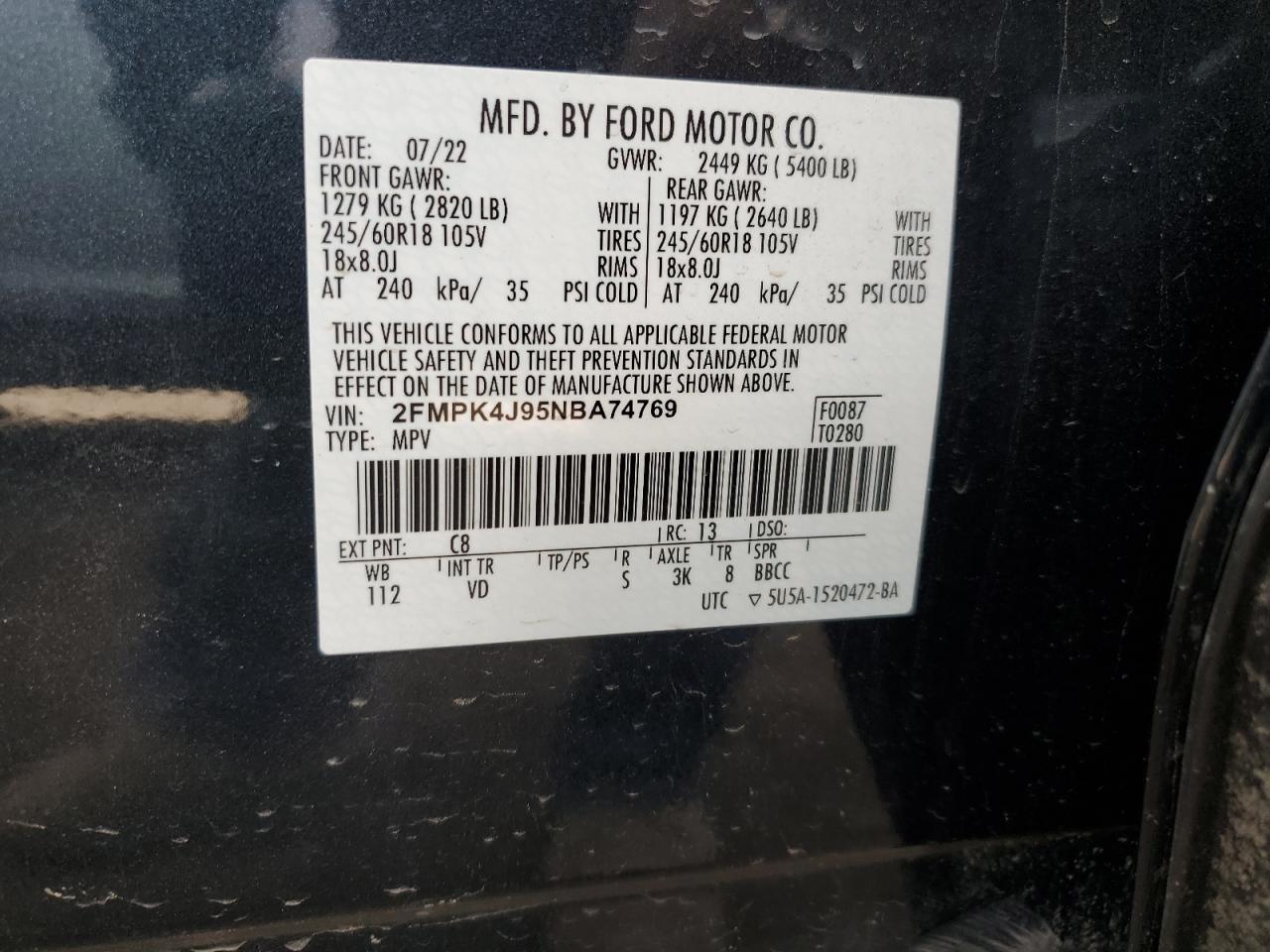 2022 FORD EDGE SEL VIN:2FMPK4J95NBA74769