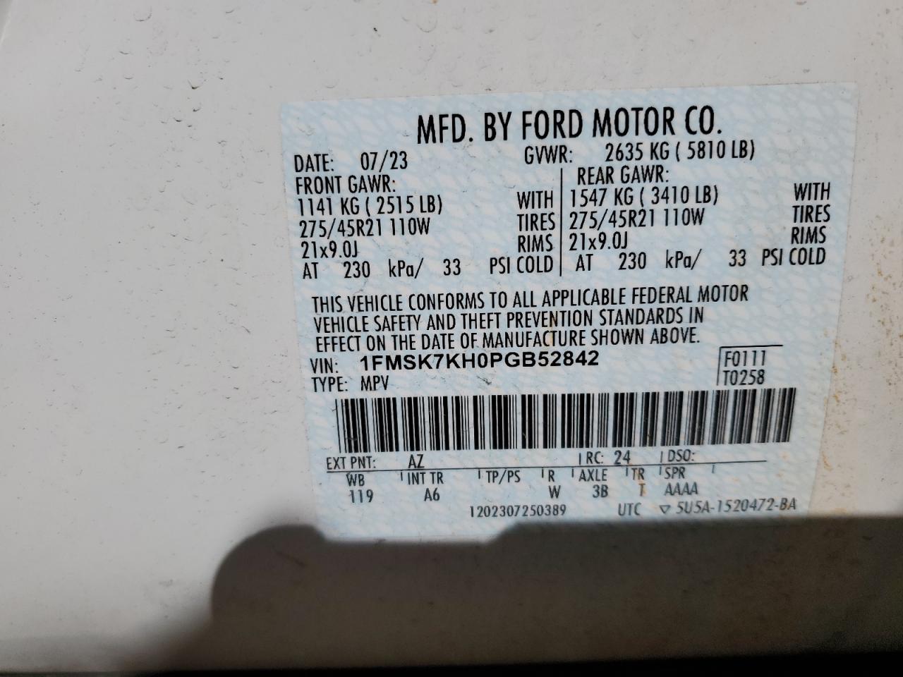 2023 FORD EXPLORER ST-LINE VIN:1FMSK7KH0PGB52842
