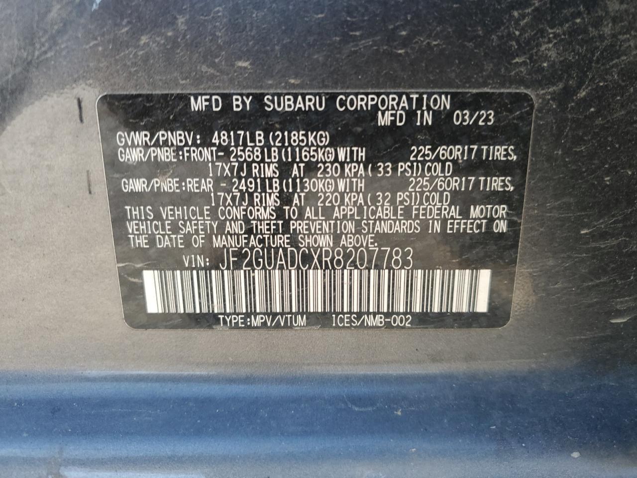 2024 SUBARU CROSSTREK PREMIUM VIN:JF2GUADCXR8207783