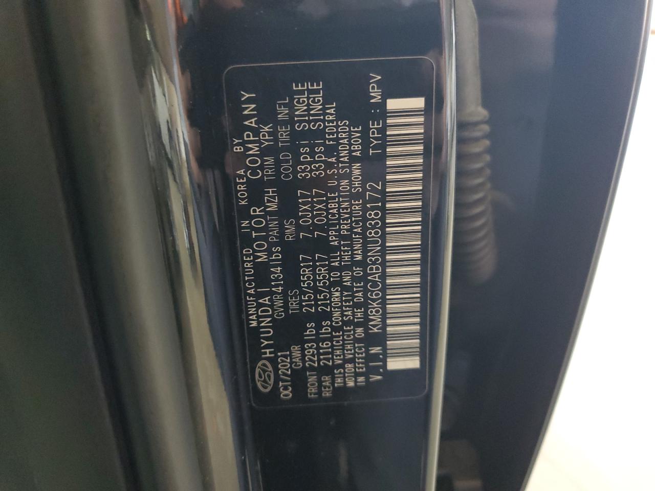 2022 HYUNDAI KONA SEL VIN:KM8K6CAB3NU838172