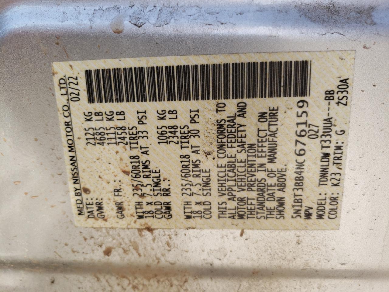 2022 NISSAN ROGUE SV VIN:5N1BT3BB4NC676159