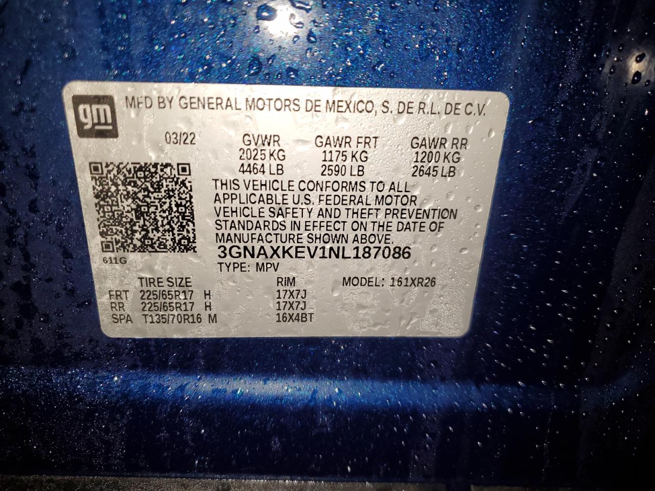 2022 CHEVROLET EQUINOX LT VIN:3GNAXKEV1NL187086