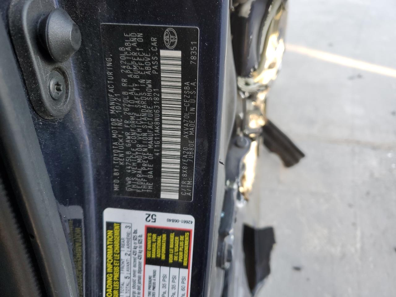 2022 TOYOTA CAMRY SE VIN:4T1G11AK8NU631821