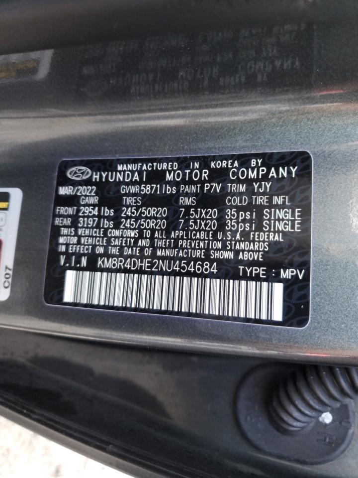 2022 HYUNDAI PALISADE SEL VIN:KM8R4DHE2NU454684