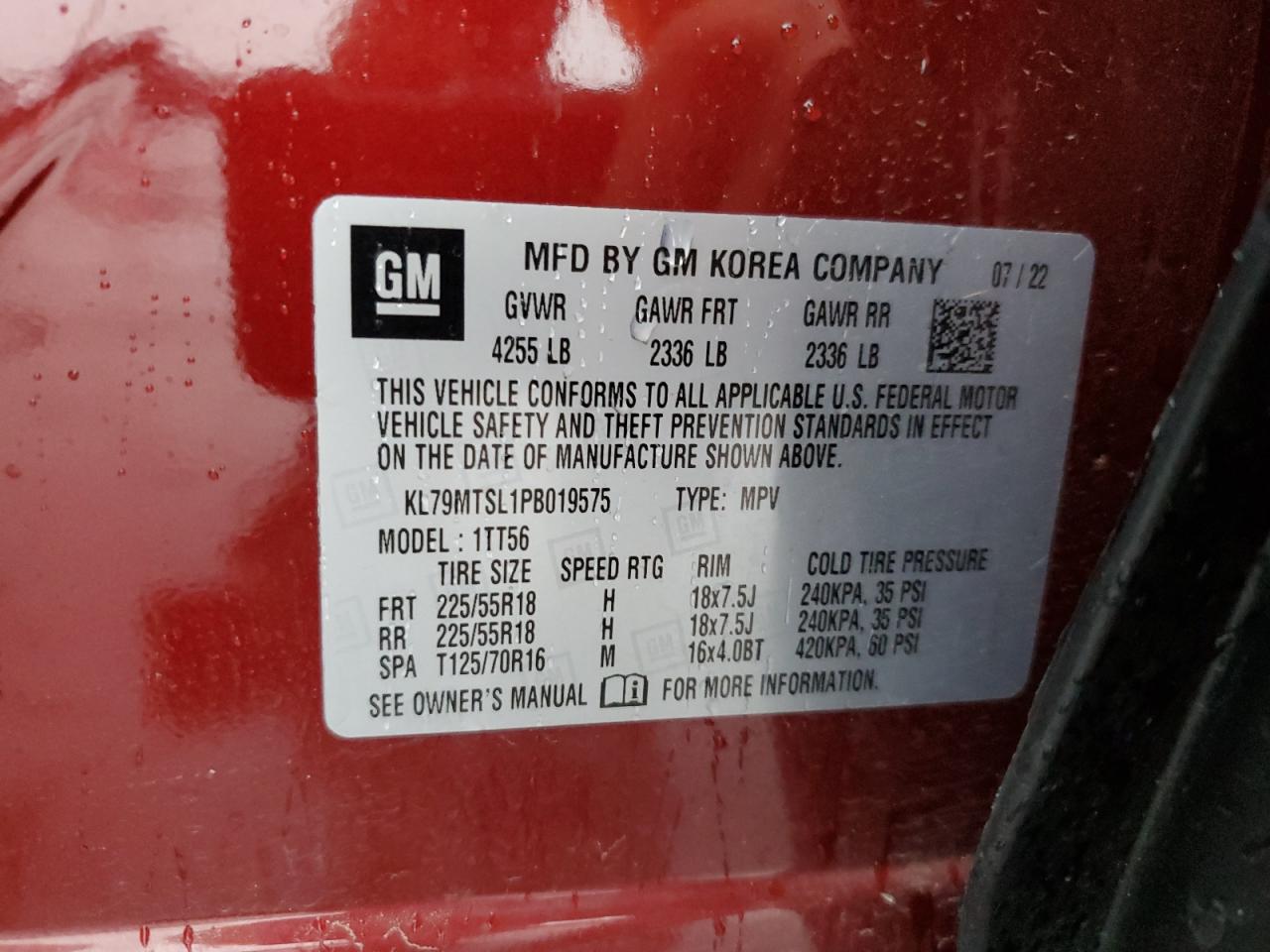 2023 CHEVROLET TRAILBLAZER RS VIN:KL79MTSL1PB019575