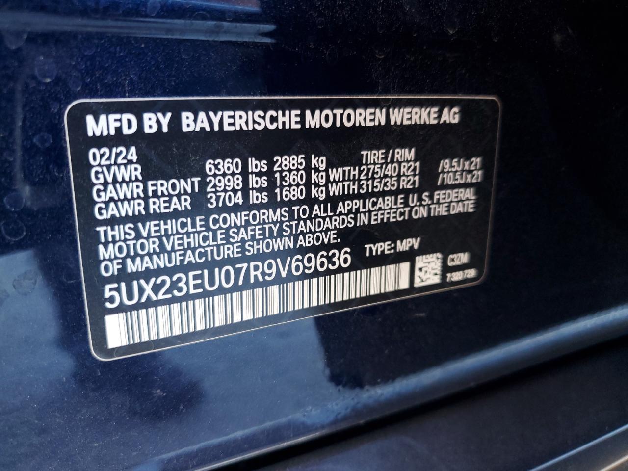 2024 BMW X5 XDRIVE40I VIN:5UX23EU07R9V69636