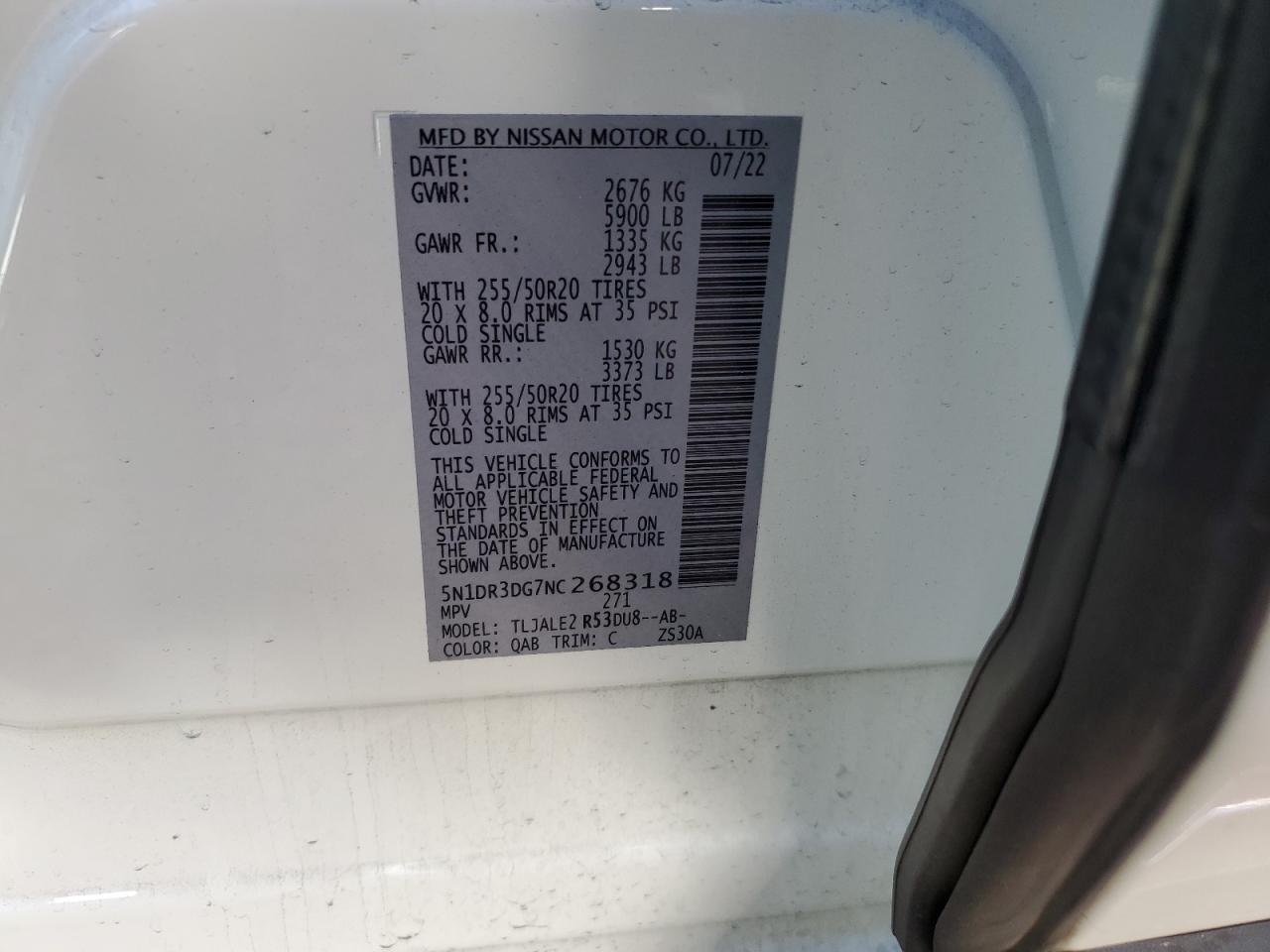 2022 NISSAN PATHFINDER PLATINUM VIN:5N1DR3DG7NC268318