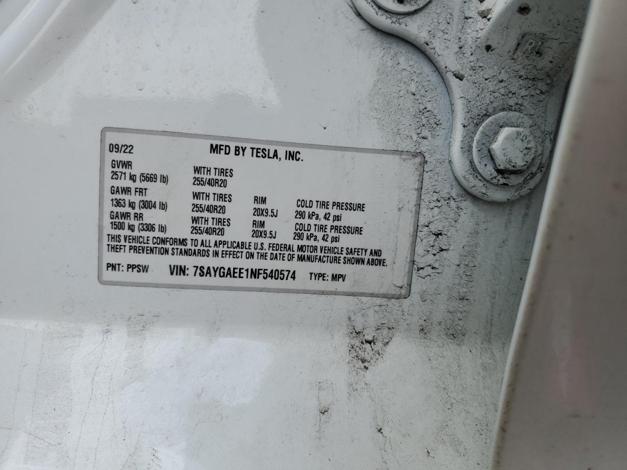 2022 TESLA MODEL Y VIN:7SAYGAEE1NF540574