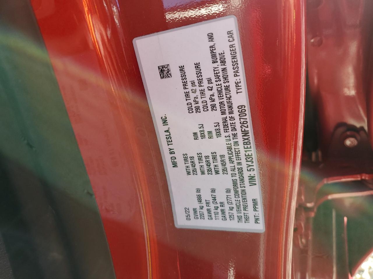2022 TESLA MODEL 3 VIN:5YJ3E1EBXNF267069